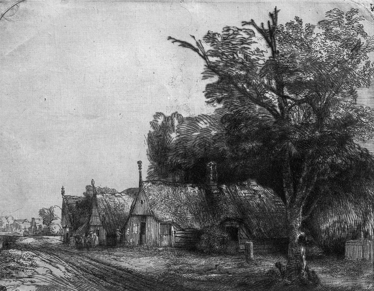 Krajobraz z Trzema Chatami, 1650 autorstwa Rembrandt van Rijn