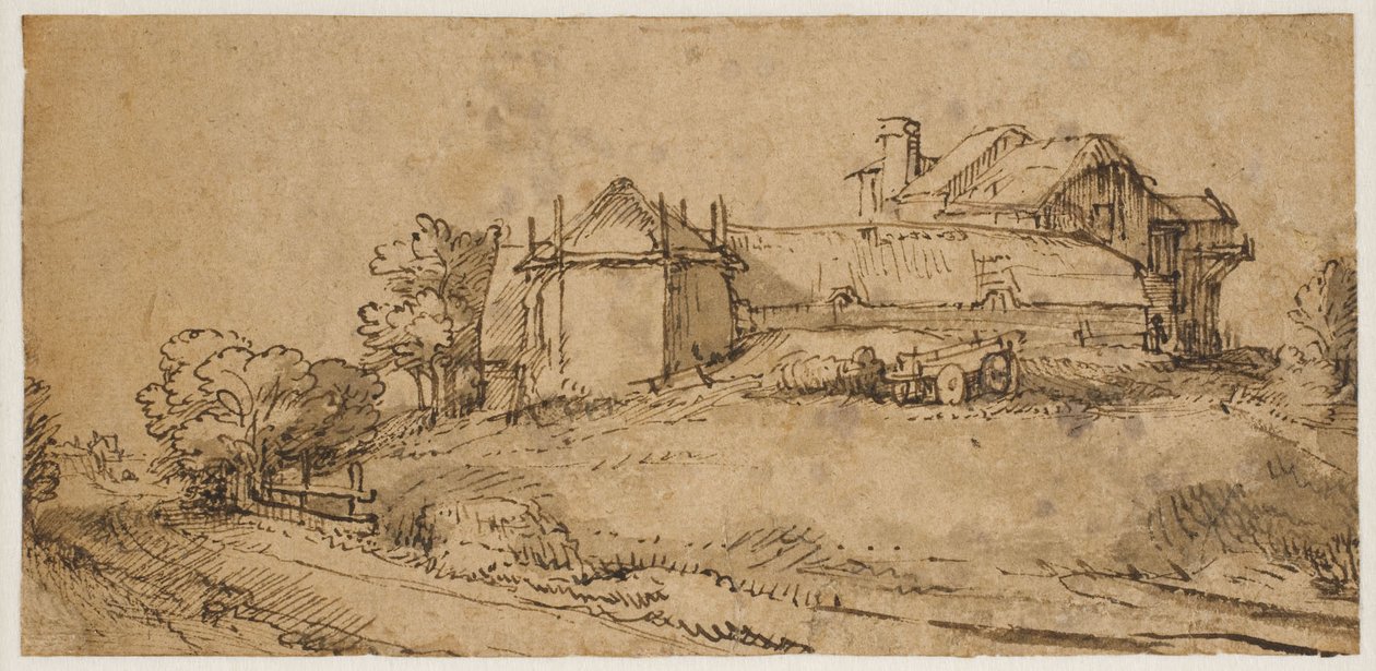 Krajobraz z domem wiejskim i stodołą na siano autorstwa Rembrandt van Rijn