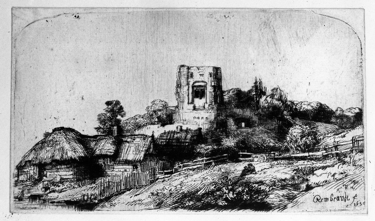 Krajobraz z wieżą, 1650 autorstwa Rembrandt van Rijn
