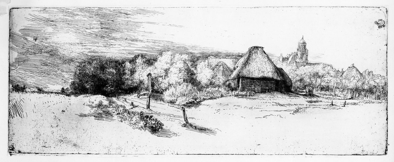 Цамхаг бүхий ландшафт, 1651 оны поли autorstwa Rembrandt van Rijn