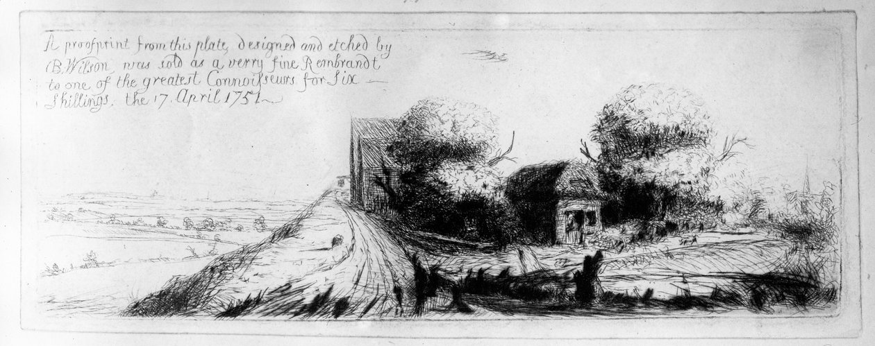 Krajobraz z wiejską uliczką i domkami, sztychowany przez Benjamina Wilsona, 1751 autorstwa Rembrandt van Rijn