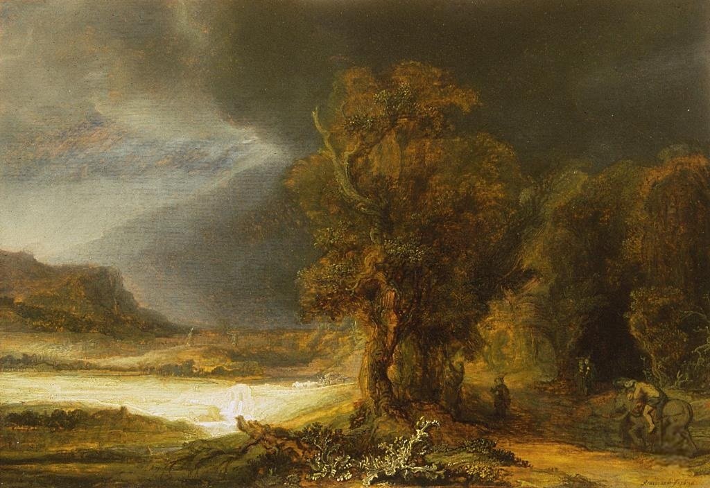 Krajobraz z Miłosiernym Samarytaninem autorstwa Rembrandt van Rijn