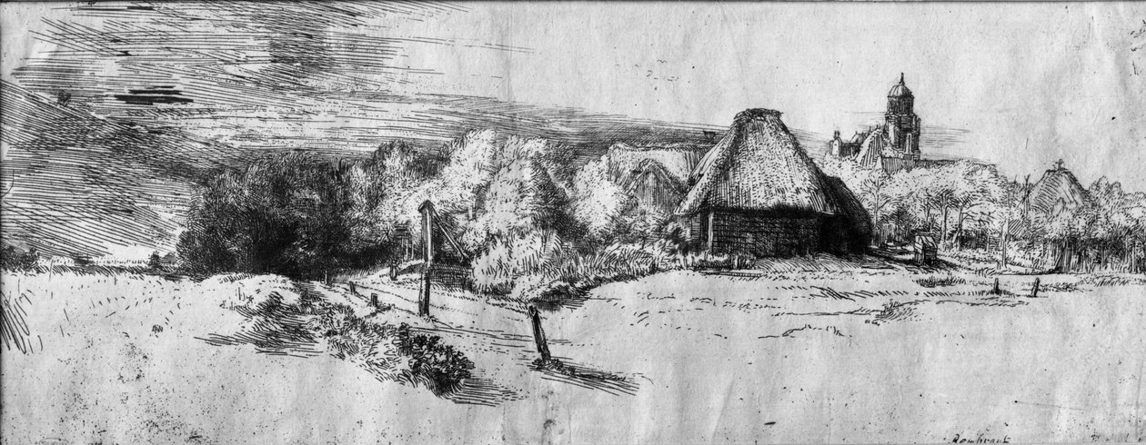 Duży krajobraz z wieżą, ok.1650 autorstwa Rembrandt van Rijn