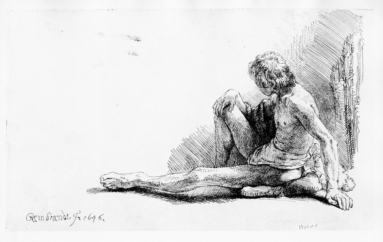 Mężczyzna siedzący na ziemi, 1646 autorstwa Rembrandt van Rijn