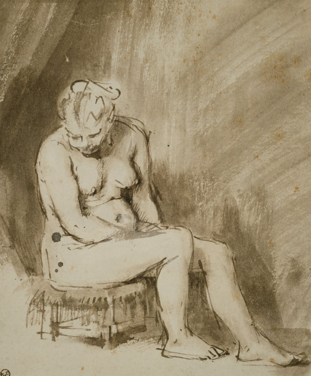 Naga kobieta siedząca na stołku autorstwa Rembrandt van Rijn