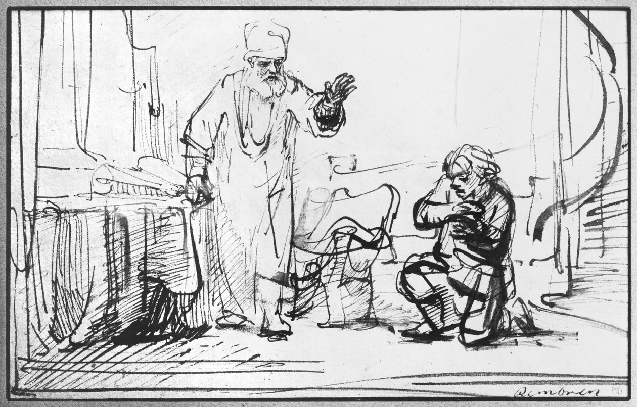 Przypowieść o bezwzględnym wierzycielu (pióro und bistre na papierze) autorstwa Rembrandt van Rijn