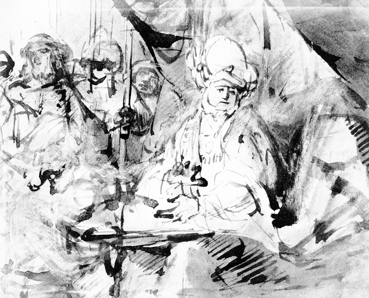 Piłat myjący ręce, ok. 1665 (pióro, atrament i pranie na papierze) autorstwa Rembrandt van Rijn
