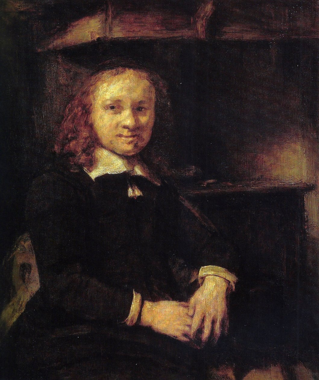 Portret Jana Boursse, siedzącego przy piecu autorstwa Rembrandt van Rijn