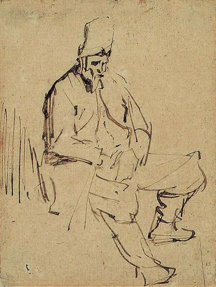 Siedzący mężczyzna w wysokiej czapce autorstwa Rembrandt van Rijn