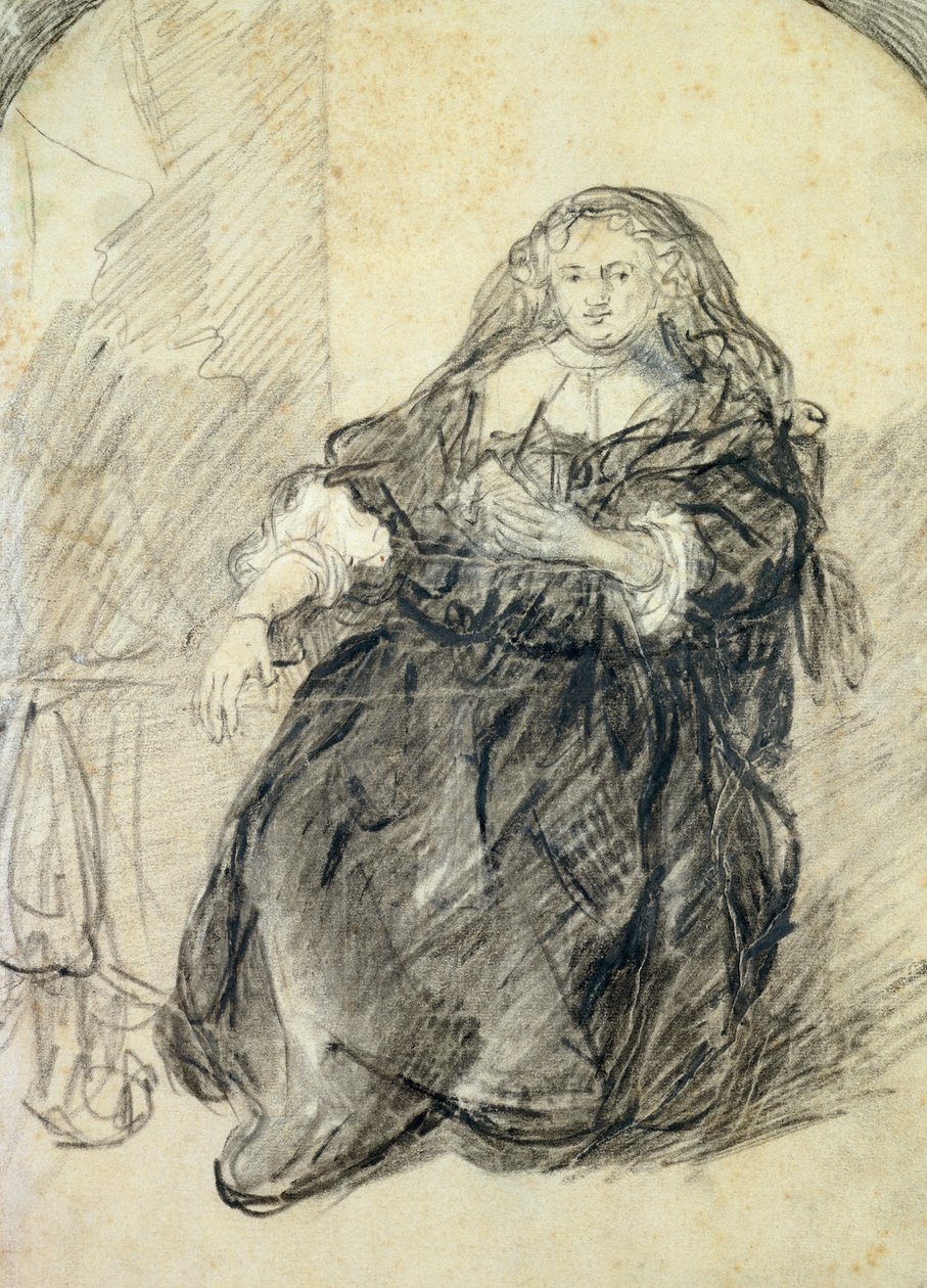 Siedząca Saskia z listem w lewej ręce (czarna kreda z białym kolorem na papierze) autorstwa Rembrandt van Rijn
