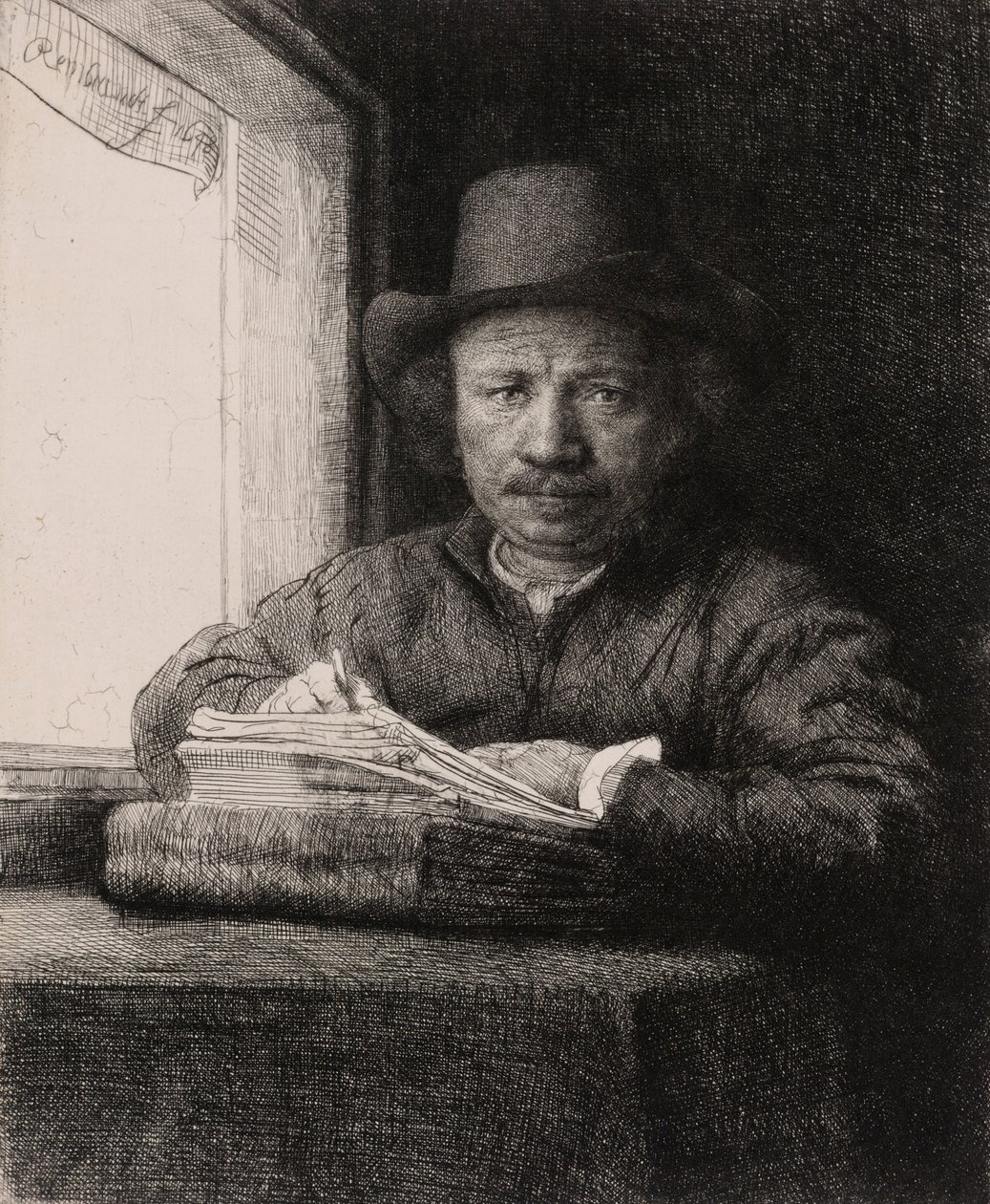 Rysowanie autoportretu w oknie autorstwa Rembrandt van Rijn