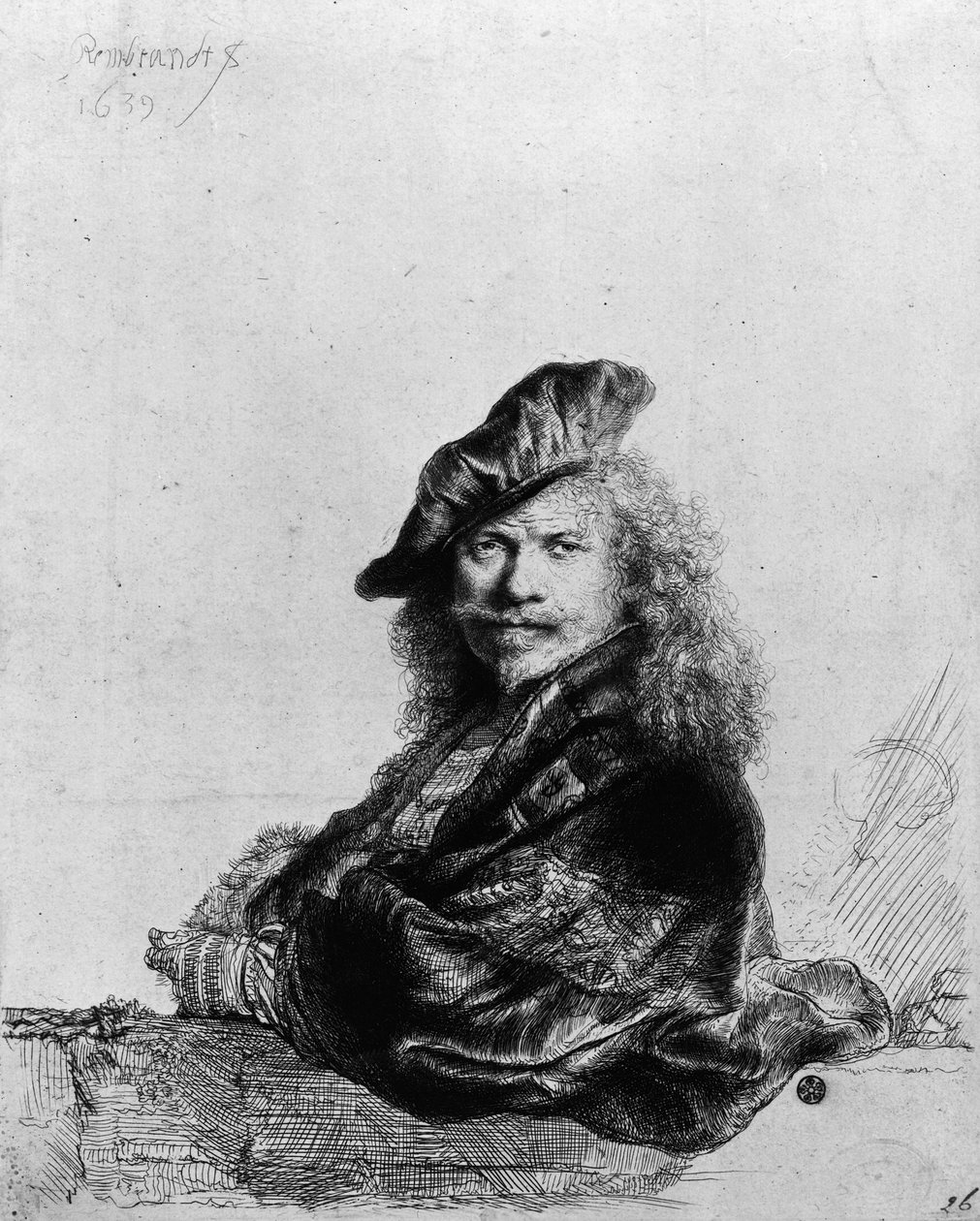Autoportret oparty o kamienny parapet, 1639 autorstwa Rembrandt van Rijn