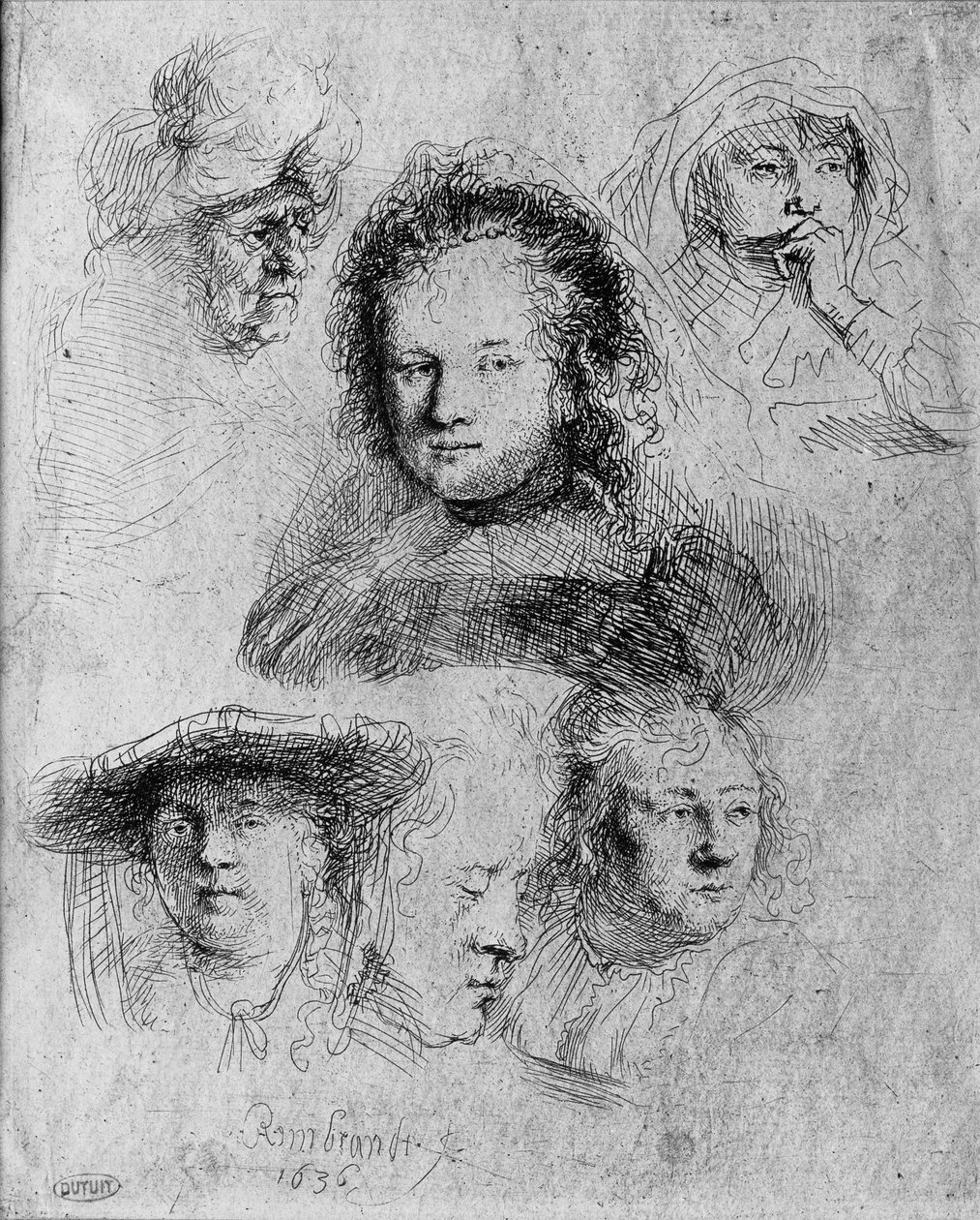 Sześć głów z Saskią van Uylenburgh (1612-42) w centrum, 1636 autorstwa Rembrandt van Rijn