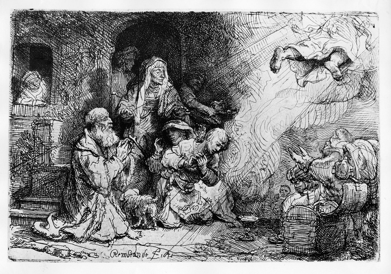 Anioł opuszczający rodzinę Tobiasza, 1641 autorstwa Rembrandt van Rijn