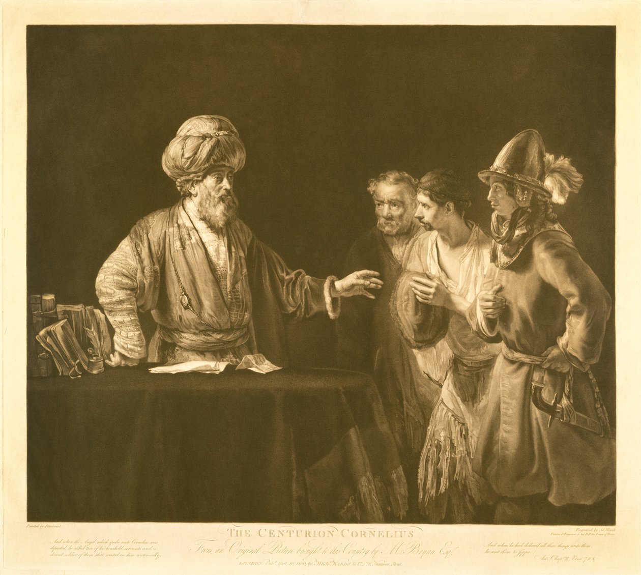 Rzymski centurion Korneliusz nakazuje swoim sługom udać się do Joppy, aby poprosić apostoła Piotra, aby odwiedził go w Cezerei, ryty przez Jamesa Warda (1769-1859) 1800 (brązowy i biały grawerunek) autorstwa Rembrandt van Rijn