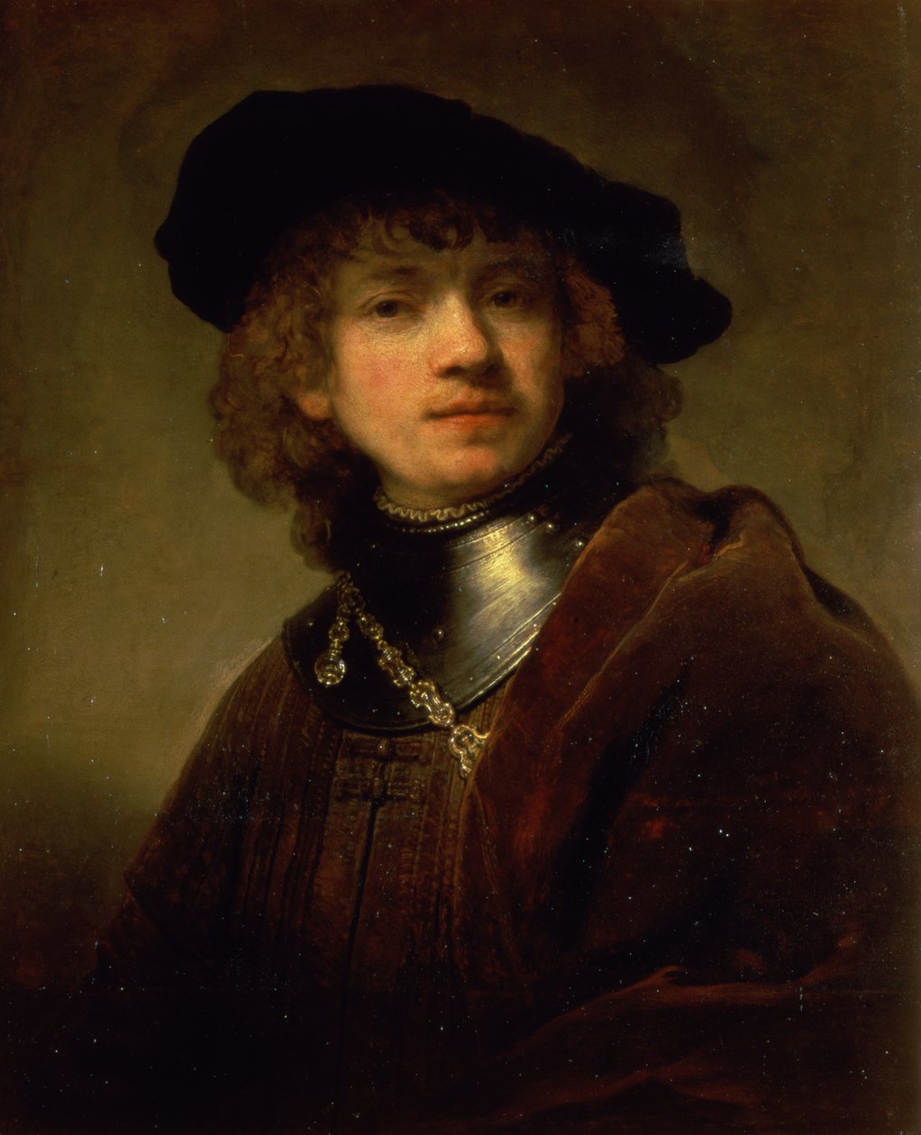 „Tronie” młodego mężczyzny z gorgetem i beretem, ok. 1639 r. autorstwa Rembrandt van Rijn