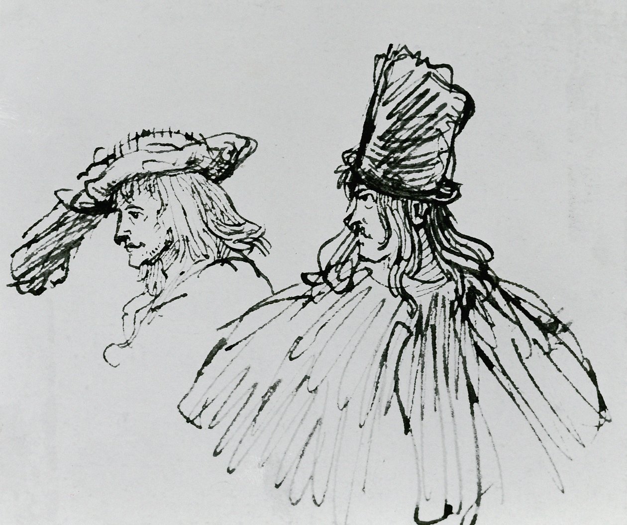 Dwóch aktorów (pióra i tusz do prania na papierze) autorstwa Rembrandt van Rijn