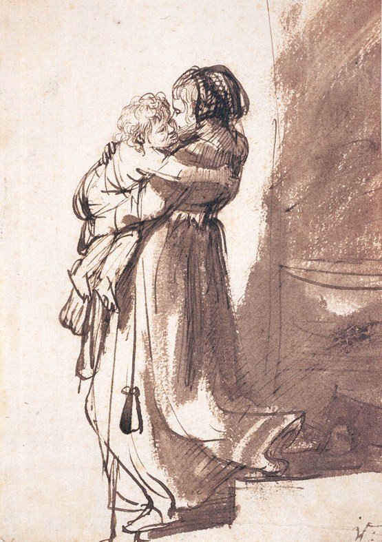 Kobieta niosąca dziecko na dole autorstwa Rembrandt van Rijn