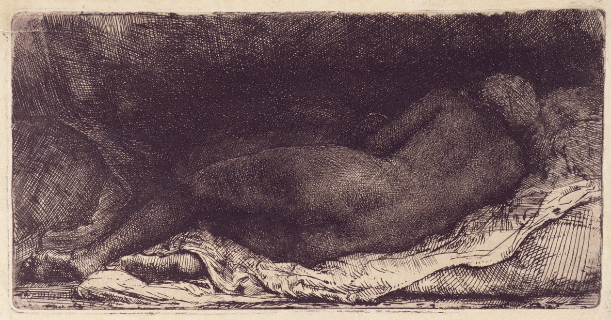 Kobieta leżąca na łóżku, 1658 (akwaforta, sucha igła i grzebień z tonacją powierzchniową) autorstwa Rembrandt van Rijn