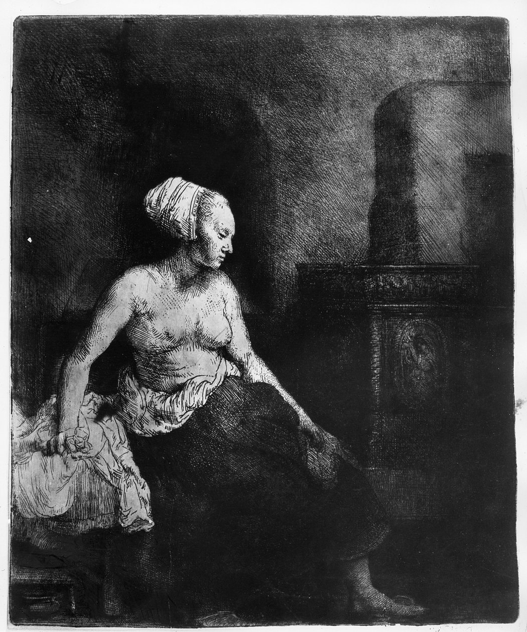 Kobieta siedząca na wpół ubrana przy piecu, 1658 autorstwa Rembrandt van Rijn