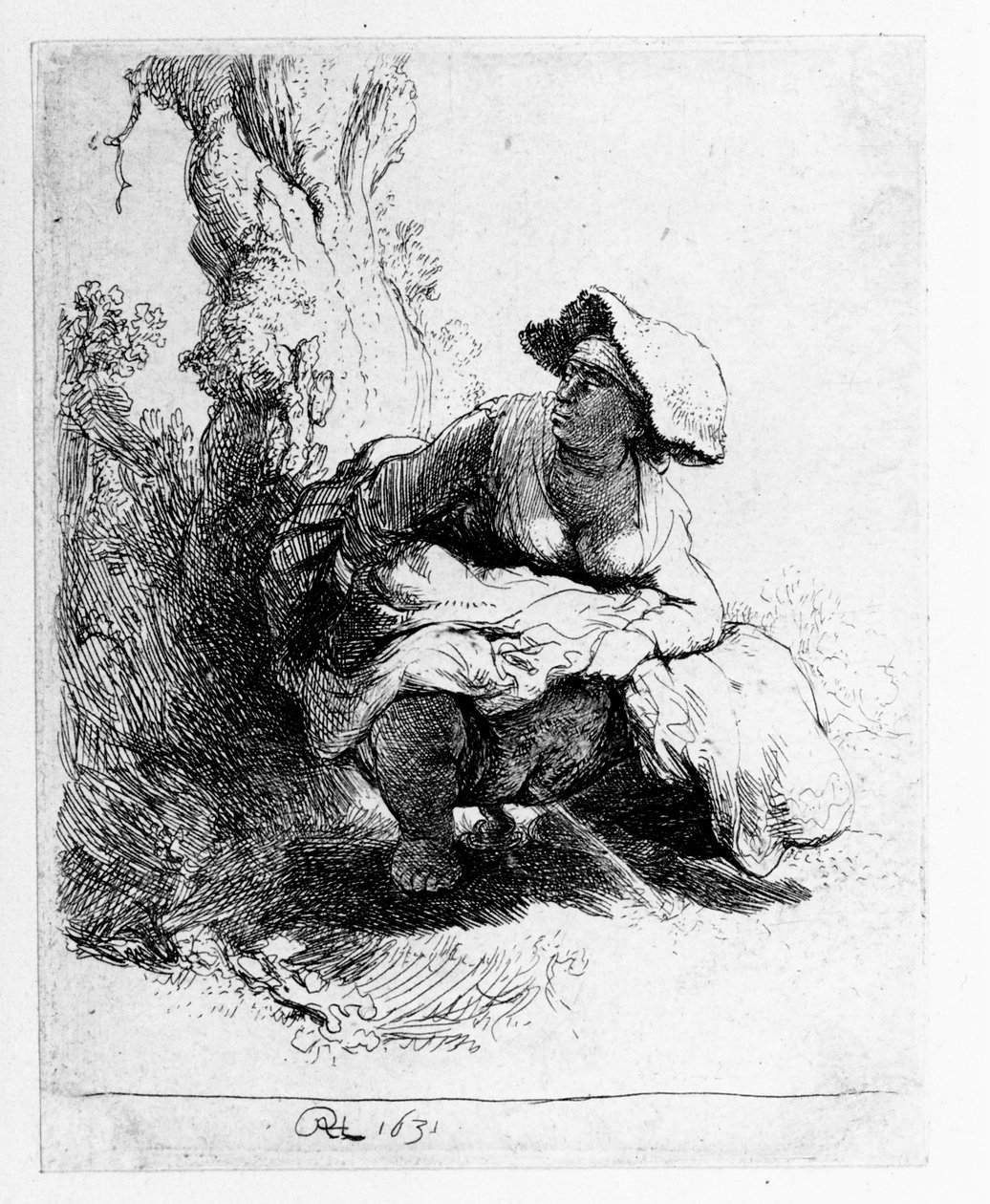 Kobieta oddająca mocz pod drzewem, 1631 autorstwa Rembrandt van Rijn