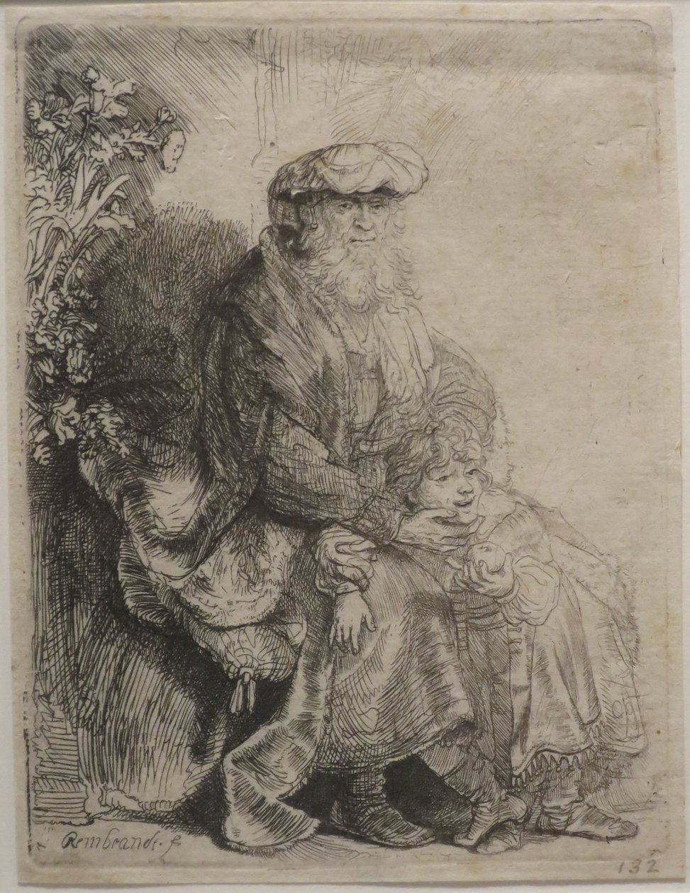 "Abraham pieszczący Izaaka", akwaforta autorstwa Rembrandta, Muzeum Sztuki w Honolulu autorstwa Rembrandt