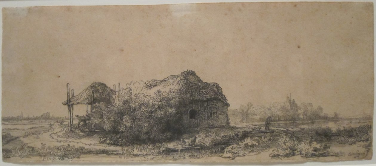 "Krajobraz z chatą i Haybamem" Rembrandta, 1641, akwaforta i sucha igła, Muzeum Sztuki w Honolulu autorstwa Rembrandt