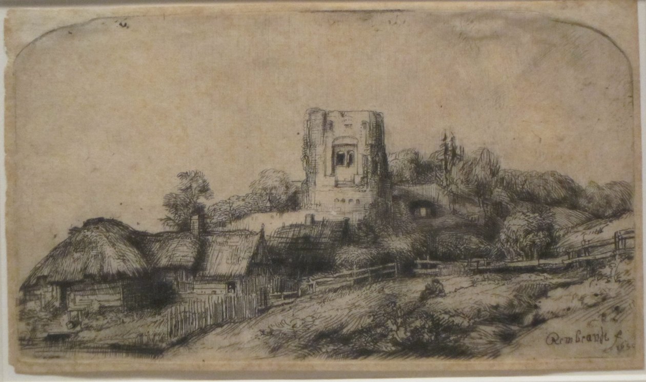 Krajobraz z kwadratową wieżą autorstwa Rembrandt