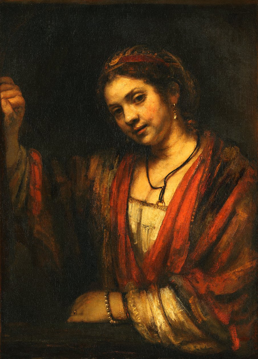 Młoda kobieta przy otwartych górnych drzwiach autorstwa Rembrandt