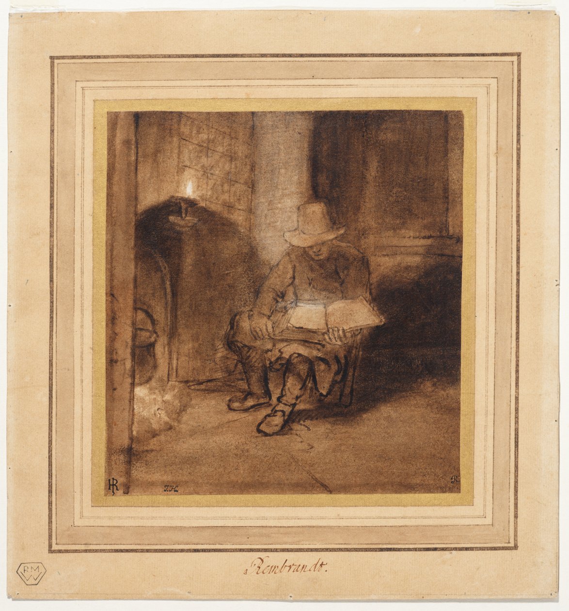 Wnętrze z mężczyzną siedzącym przy ognisku i czytającym przy świetle lampy (recto) autorstwa Rembrandt Harmensz. van Rijn (circle of)