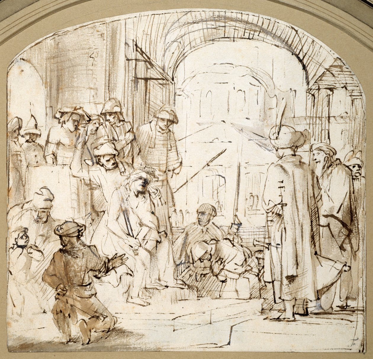 Chrystus wyśmiewany (pióro i atrament z praniem na papierze) autorstwa Rembrandt Harmensz. van Rijn (school of)
