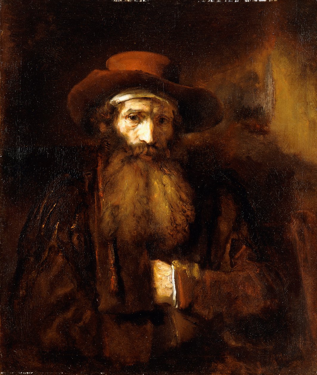 Brodaty starzec, ubrany w brązowy płaszcz i rdzawą czapkę, 1651 autorstwa Rembrandt van Rijn