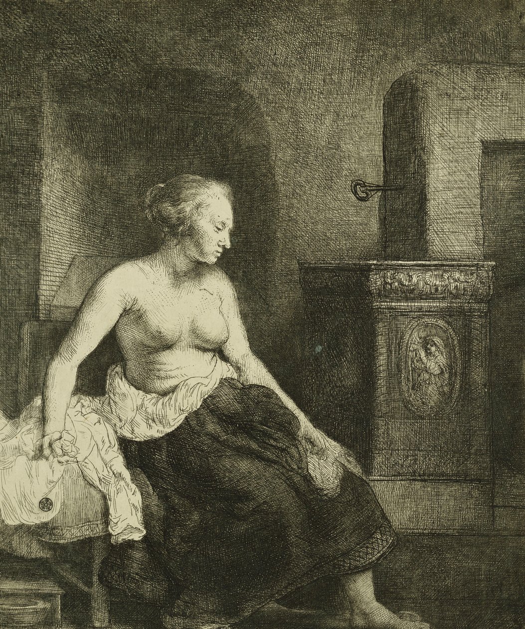 Kobieta siedząca na wpół ubrana przy piecu, 1658 r autorstwa Rembrandt van Rijn