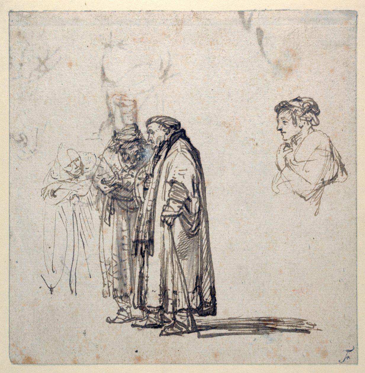 Grupa starszych uczonych i osobno profil młodszego mężczyzny (pióro i brązowy tusz z wash & gwasz na papierze) autorstwa Rembrandt Harmensz. van Rijn