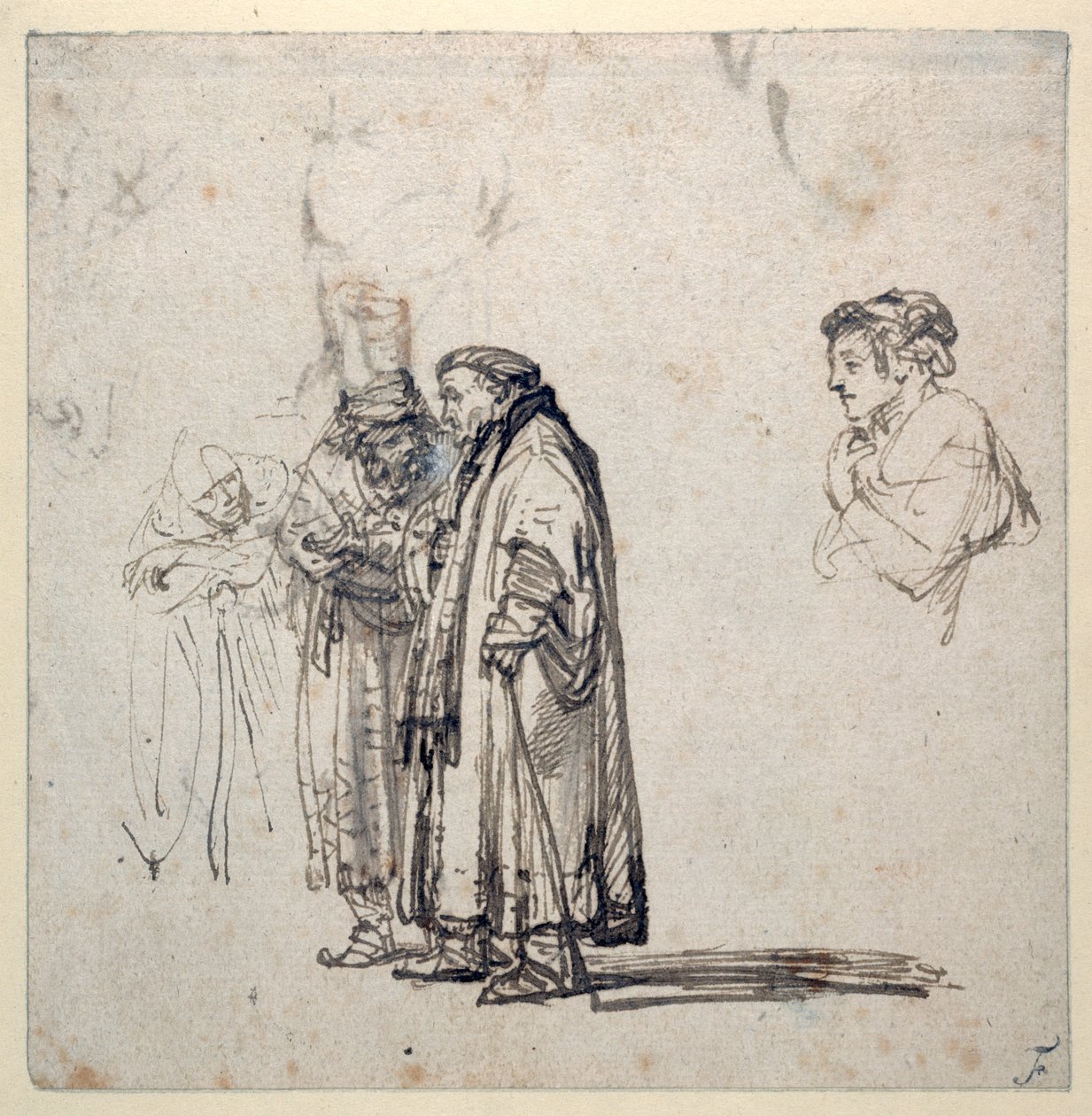 Grupa starszych uczonych i osobno profil młodszego mężczyzny (pióro i atrament na papierze) (recto z 2636120) autorstwa Rembrandt Harmensz. van Rijn