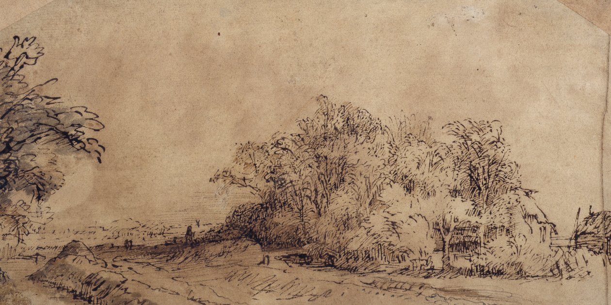 Wyboista droga wzdłuż grobli z drzewami ukrywającymi gospodarstwo (pióro i atrament z praniem na papierze) autorstwa Rembrandt Harmensz. van Rijn