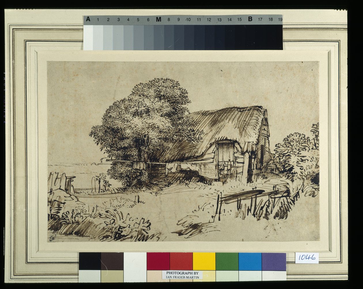 Domek kryty strzechą przy dużym drzewie, postać siedząca na zewnątrz, ok. 1648-52 (pióro i atrament na papierze) autorstwa Rembrandt Harmensz. van Rijn