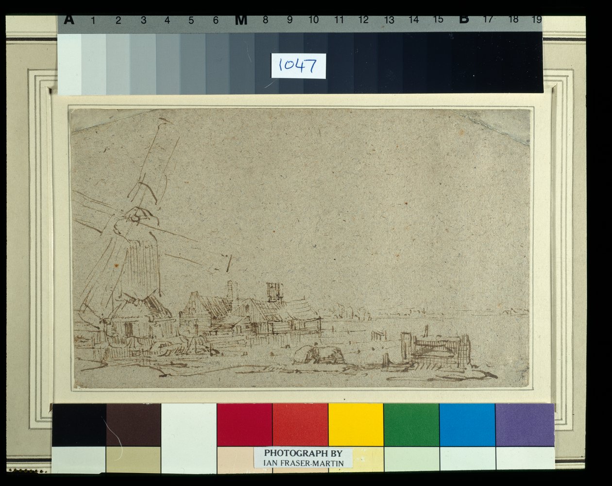 Wiatrak i zespół domów, ok. 1652-53 (pióro trzcinowe i atrament z wash na papierze) autorstwa Rembrandt Harmensz. van Rijn