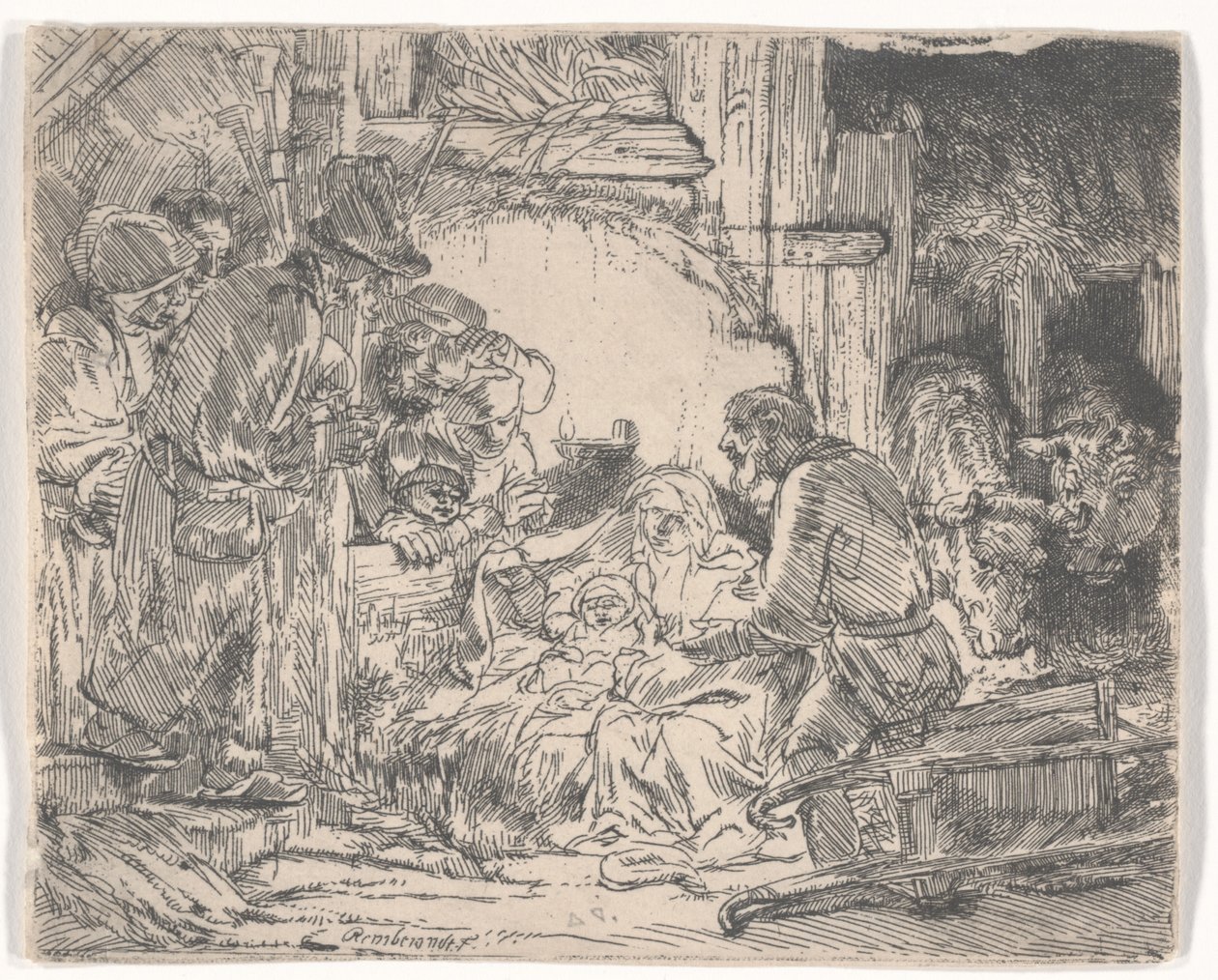 Adoracja pasterzy z lampą, ok. 1654 (akwaforta) autorstwa Rembrandt van Rijn