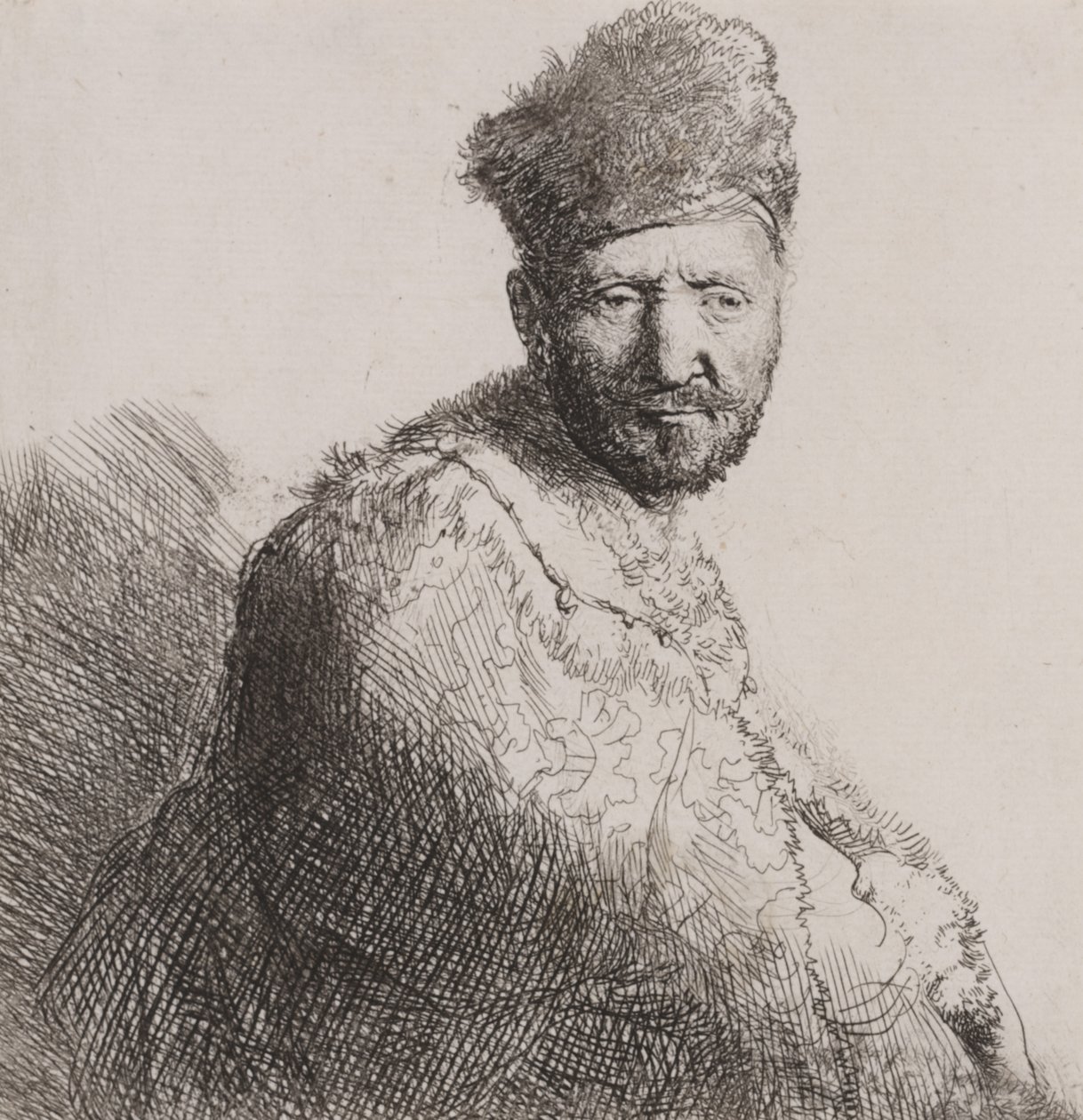 Brodaty mężczyzna w futrzanej orientalnej czapce i szacie autorstwa Rembrandt van Rijn