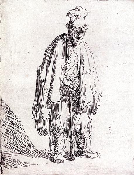 Żebrak w wysokiej czapce stojący (pióro i atrament na papierze) autorstwa Rembrandt Harmensz. van Rijn