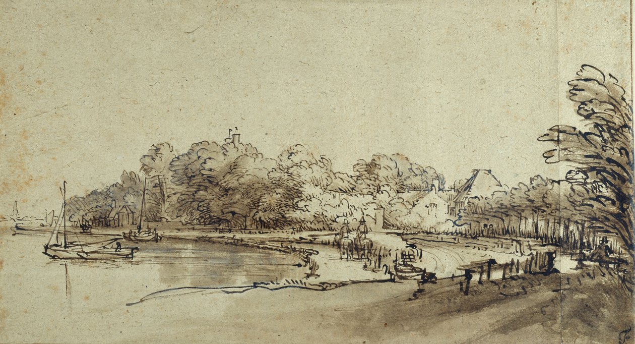Zakręt w Amstel w pobliżu Kostverloren House, początek lat 50. XVI wieku (pióro i tusz z wash & bodycolour na papierze) autorstwa Rembrandt Harmensz. van Rijn