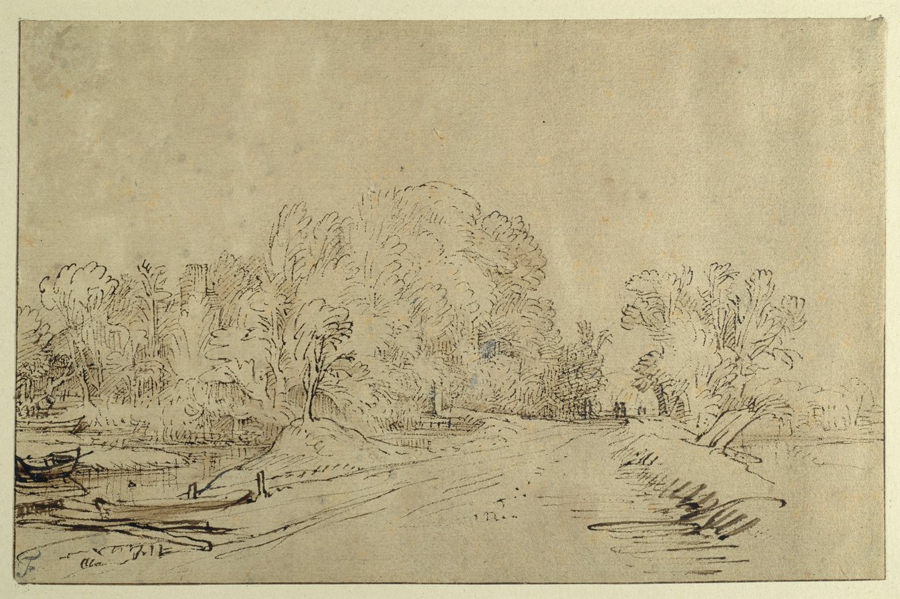 Kanał z łodziami, groblą i drzewami (pióro trzcinowe i atrament z praniem na papierze) autorstwa Rembrandt Harmensz. van Rijn