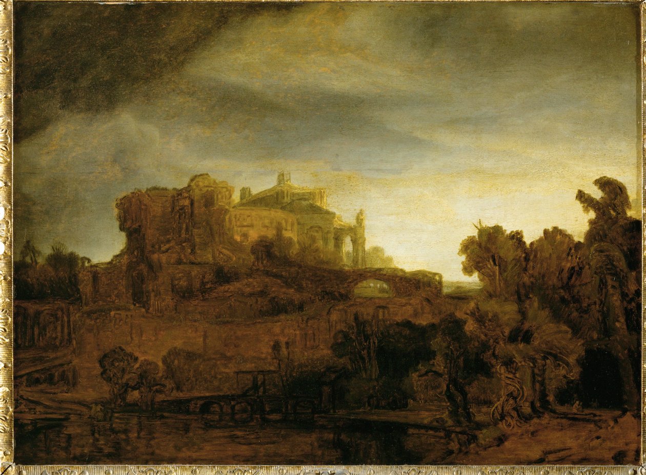 Zamek o zmierzchu ... autorstwa Rembrandt Harmensz. van Rijn