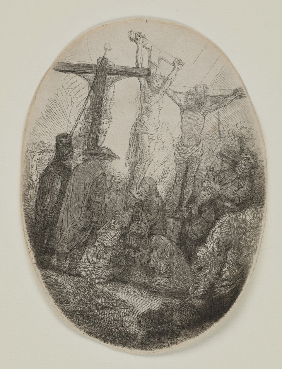 Chrystus ukrzyżowany między dwoma złodziejami: owalna płyta, ok. 1641 (akwaforta i sucha igła) autorstwa Rembrandt van Rijn