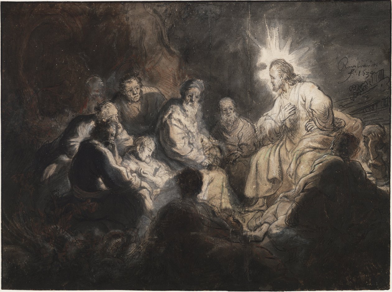 Chrystus i jego uczniowie w ogrodzie Getsemani — Rembrandt van Rhijn (1606-1669). Pióro, pędzel, kolor szaro-brązowy, akwarela na papierze, ok. 1634. Wymiar: 35,7x47,8 cm. Muzeum Teylers, Haarlem autorstwa Rembrandt Harmensz. van Rijn