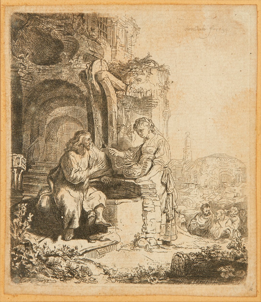 Chrystus i Kobieta z Samarii, wśród ruin (akwaforta) autorstwa Rembrandt Harmensz. van Rijn