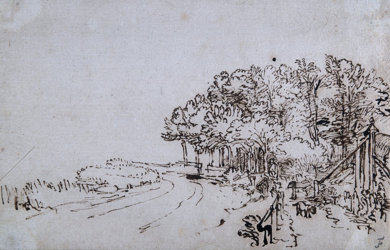 Zagajnik na czele Amsteldijk niedaleko Trompenburga, ok. 1649 (pióro i atrament na papierze) autorstwa Rembrandt Harmensz. van Rijn
