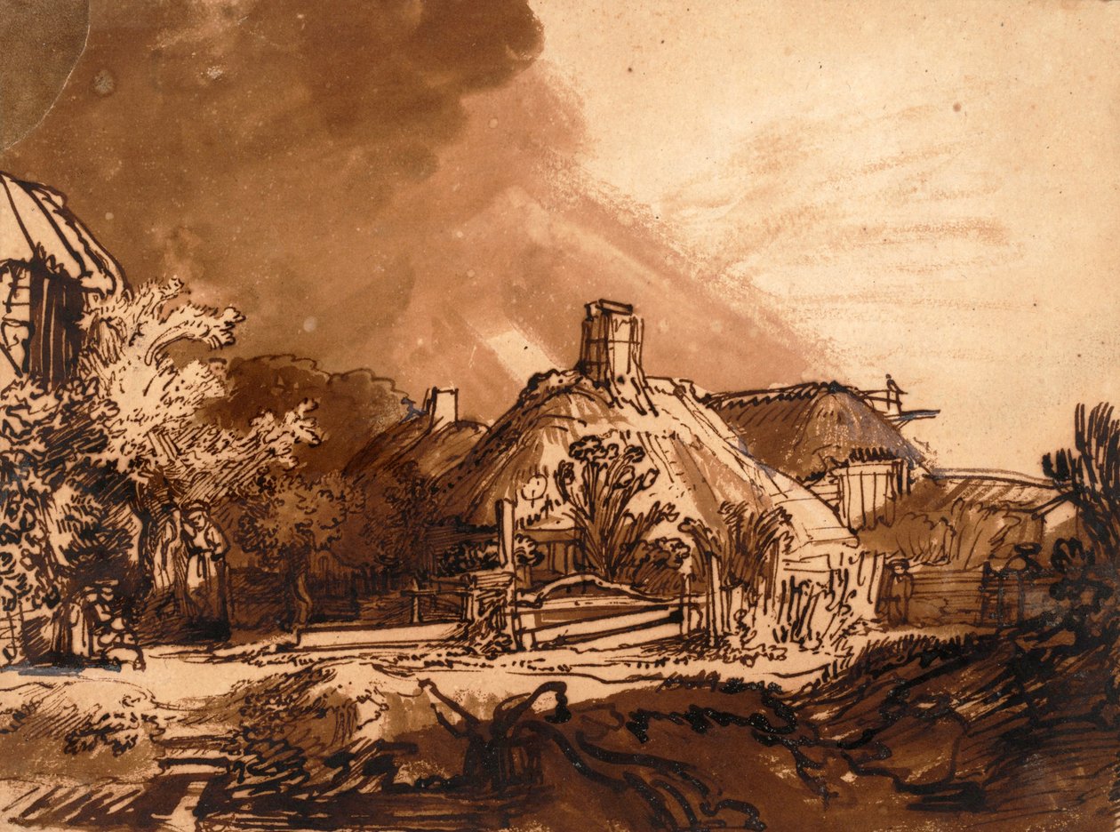 Domki przed burzliwym niebem (pióro i atrament) autorstwa Rembrandt van Rijn