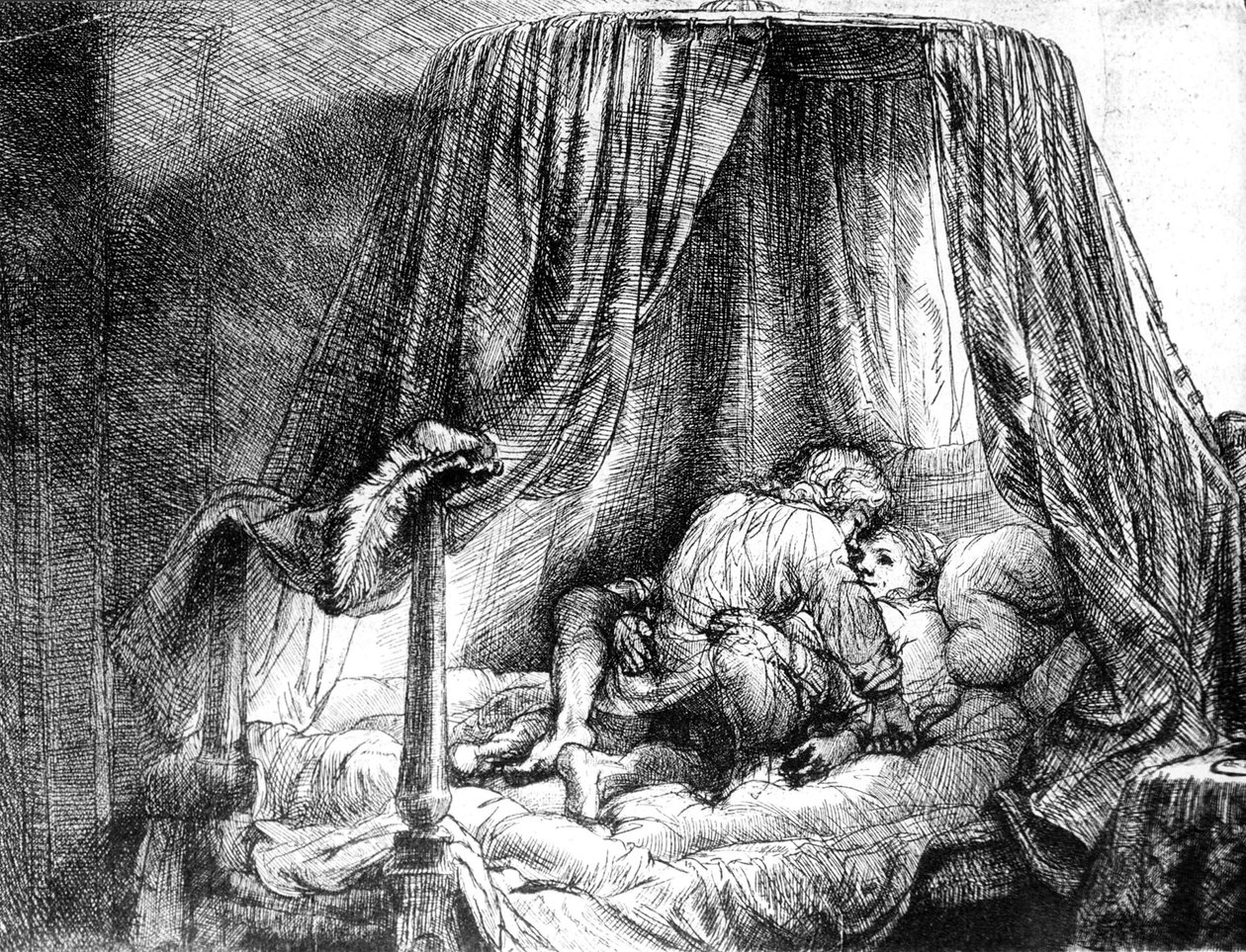 Para kochająca się w łóżku, rycina Rembrandt van Rijn (1606-1669) 1646 autorstwa Rembrandt Harmensz. van Rijn
